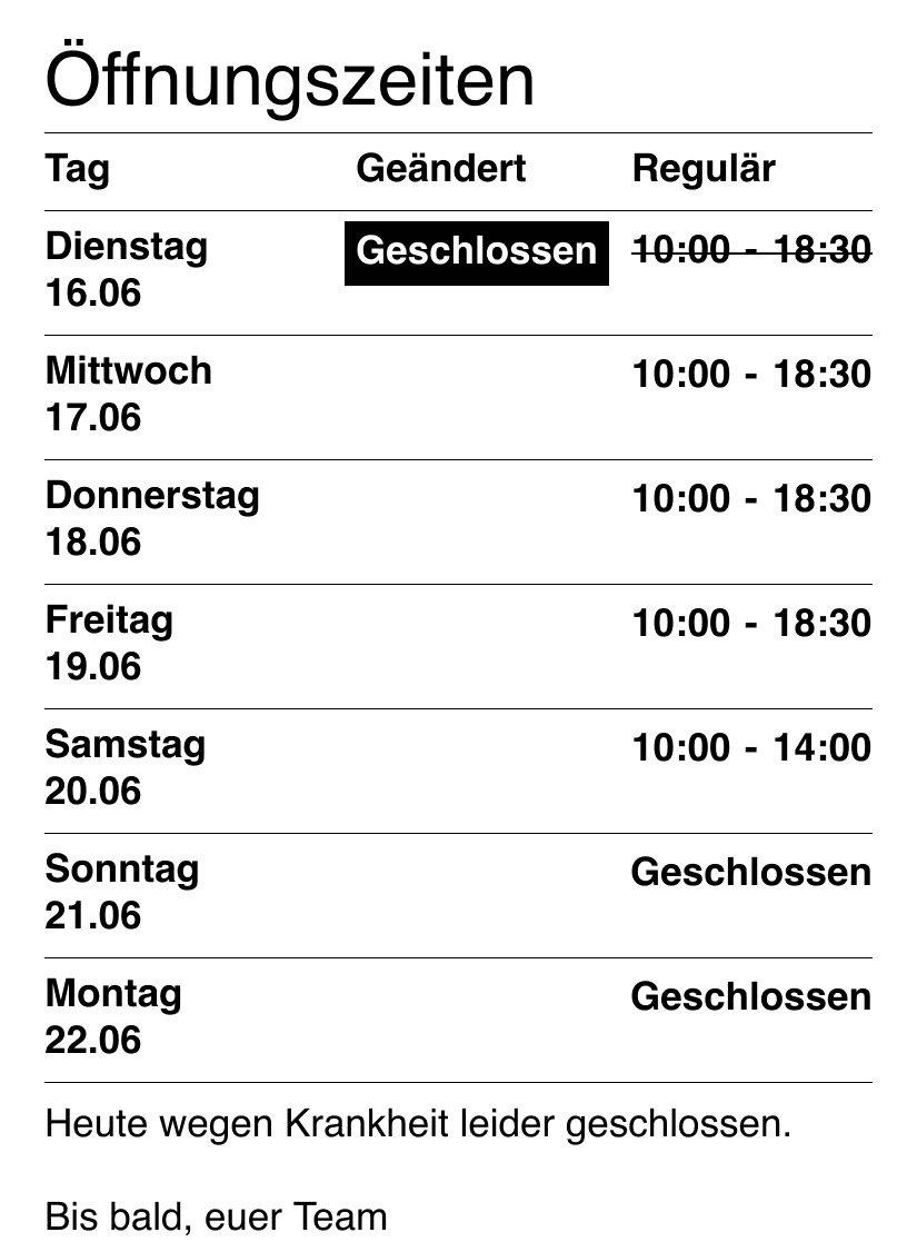 Beispielanzeige des Displays mit regulären und kurzfristig geänderten Öffnungszeiten